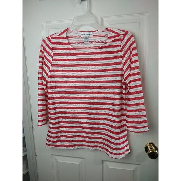 Cathy Daniels Tops - Cathy Daniels Semi Sheer Lines Red White 3/4 Sleeve Blouse. Size M